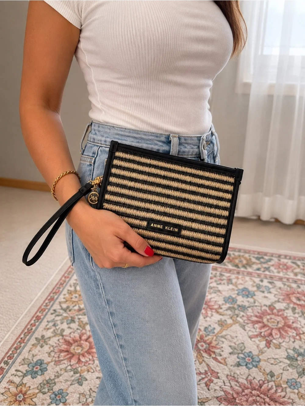 Anne Klein Black & Natural Striped Wristlet